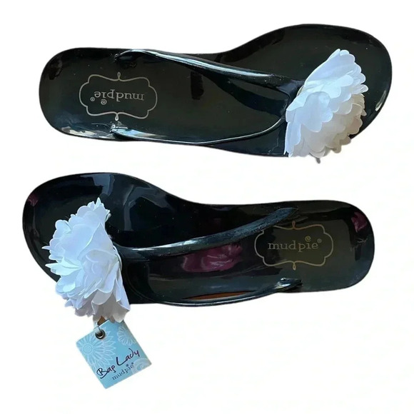 MUDPIE Black w/White Flower Jelly Flip Flops Sandals size EUR 37 / US 6.5 - Picture 2 of 5